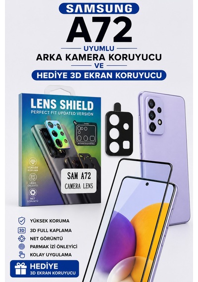 Samsung A72 Uyumlu Arka Kamera Koruyucu+ Full Ekran Koruyucu Seti Şeffaf