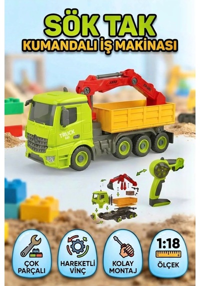 Kumandalı Şarjlı 1:18 Sök Tak Full Fonksiyon Vinçli Oyuncak İş Makinası Kamyon Çok Renkli