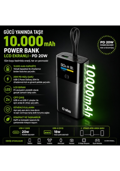 Sbs 10000 Mah Powerbank Dahili Usb-c Kablolu Lcd Ekranlı Pd 20w Hızlı Şarj Usb-a 22.5w Siyah 10.000 Mah