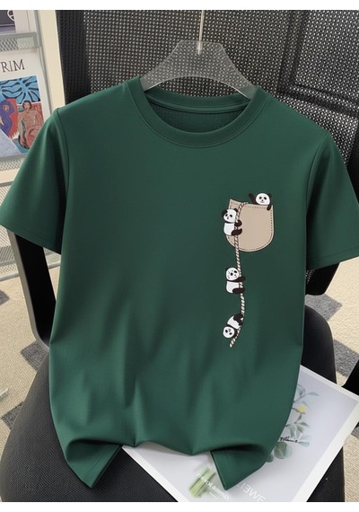 Sevimli Panda Grafikli İpli Cep Detaylı Kısa Kollu Oversize Unisex Bisiklet Yaka Tişört Yesıl