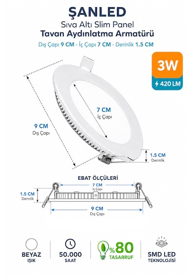 Şanled 3w Tasarruflu Led Yuvarlak Beyaz Işık Sıva Altı Slim Panel 6 Adet