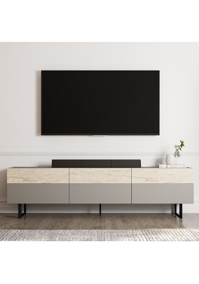 Sign Kapaklı Tv Ünitesi, Tv Sehpası - Metal Ayak - Gri/traverten - Gri Gri
