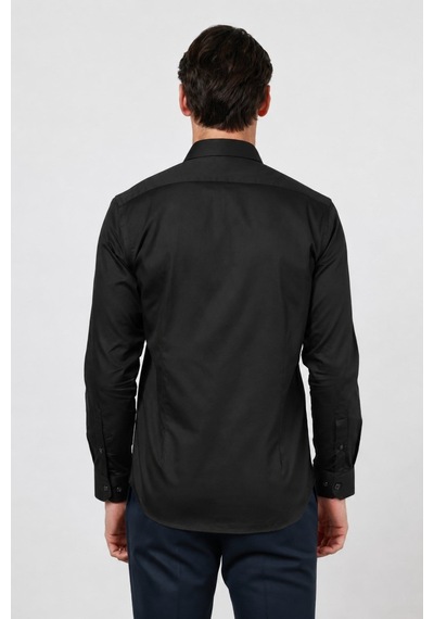 İmza Sert Yaka Uzun Kol Cepsiz Saten Slim Fit %100 Pamuk Gömlek 1004260424 Siyah