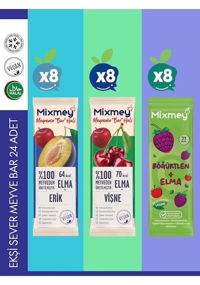 Mixmey Ekşi Sever Meyve Barı – 24 Adet | Atıştırmalıklar – Vegan, Glutensiz (20GR X 24 ADET)