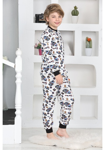 Modanino Erkek Çocuk Araba Baskılı Pijama Takımı 1-7 Yaş 12290 Beyaz