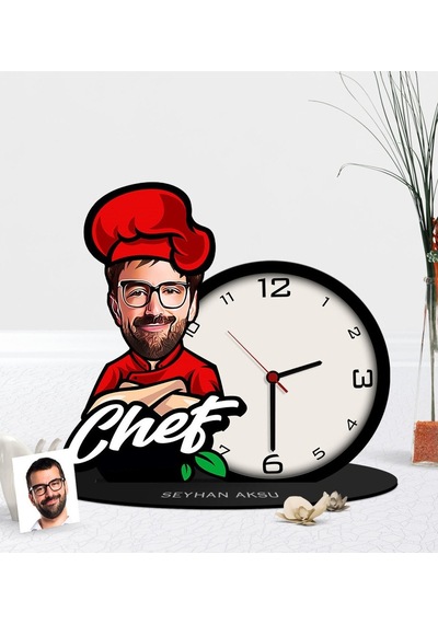 Kişiye Özel Bay Chef Karikatürlü Ahşap Masaüstü Saat-10