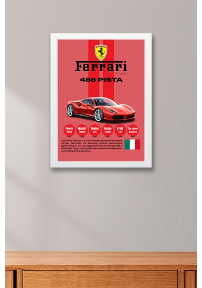 Ferrari 488 Pista Premium Spor Araba Tablosu - Teknik Özellikli İtalyan Otomobil Duvar Dekoru Beyaz
