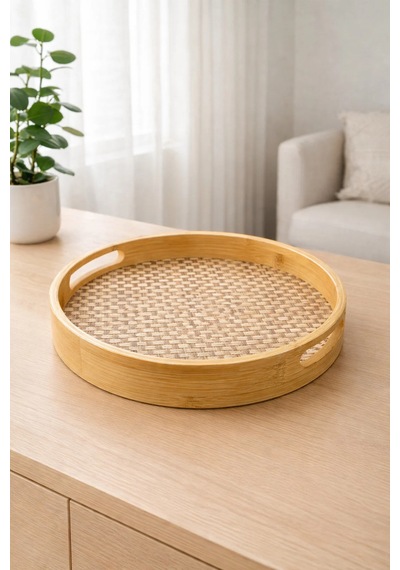 1 Adet Küçük Boy Bambu Yuvarlak Tepsi Sunum Servis Tepsisi 25cm Sarı