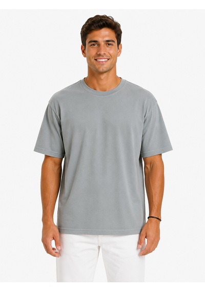 Vasto Moda Erkek Tam Oversize Kalıp Kalın Dokulu Organik Pamuk Bisiklet Ribana Yakalı Açık Gri T-shirt