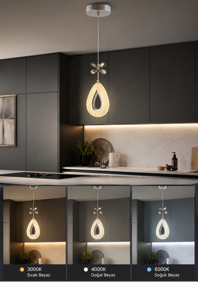 Yagmur Model Gold 3 Renk Modu Ledli Kristal Taşlı Modern Salon Mutfak Oturma Odası Led Avize Gümüş - Krom