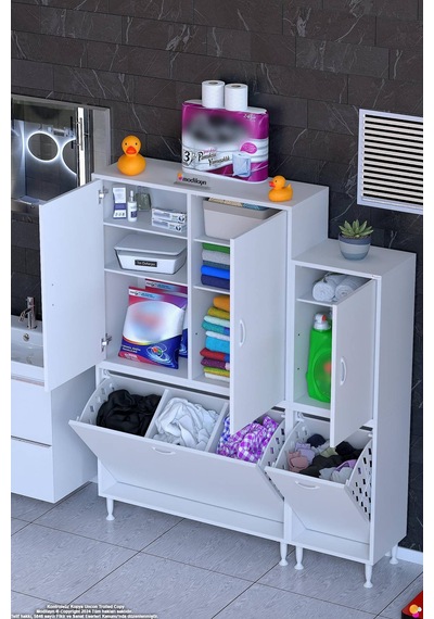 Efil 140 Cm 3 Kapaklı Raflı Ve 3 Bölmeli Sepetli Çok Amaçlı Banyo Dolabı - Beyaz 95+45 X160x32 Cm
