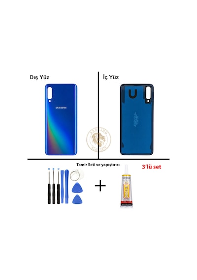 Samsung Galaxy Uyumlu A50 Mavi  Arka Kapak + Yapıştırıcı Ve Vida Seti Arka Cam Pil Kapağı Batarya Kapağı Lazer Kesim