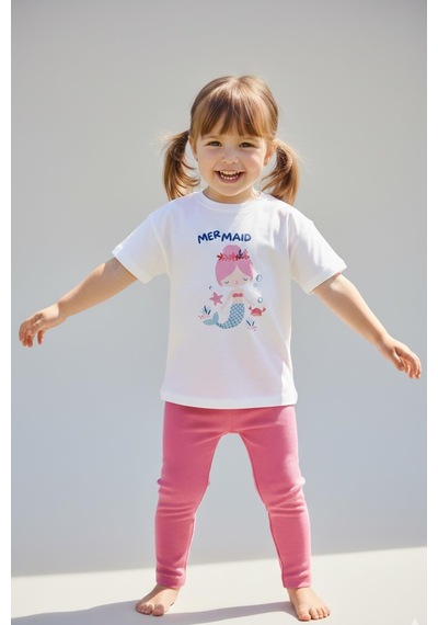 Monila Kız Çocuk Pamuklu Deniz Kızı Baskılı T-shirt Ve Pembe Fitilli Tayt 2'li Takım Ekru/pembe Monila Kız Çocuk Pamuklu Deniz Kızı Baskılı T-shirt Ve Pembe Fitilli Tayt 2'li Takım Ekru/pembe