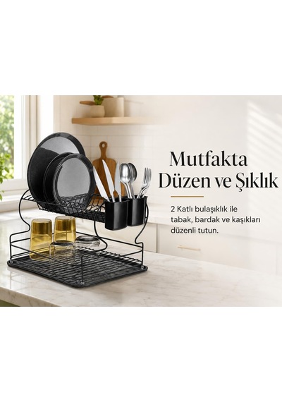Alper Banyo 2 Katlı Siyah Bulaşıklık Ve Tabaklık, Geniş Kapasitel