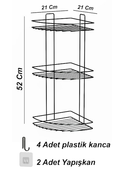 Yapışkanlı 3 Katlı Banyo Köşeliği Köşe Rafı Duş Şampuanlık Duvar Düzenleyici Organizer Raf Siyah
