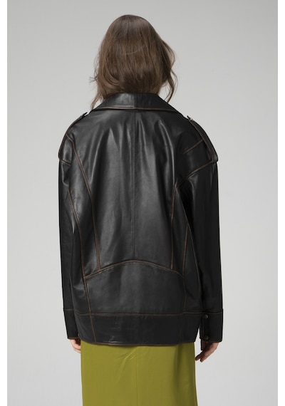 Siyah/taba Dericlub Wm019 Oversize Biker Hakiki Deri Kadın Mont