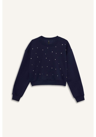 Defacto Boxy Fit Bisiklet Yaka İşlemeli Kalın Sweatshirt G2153ax25wnnv28 Lacivert