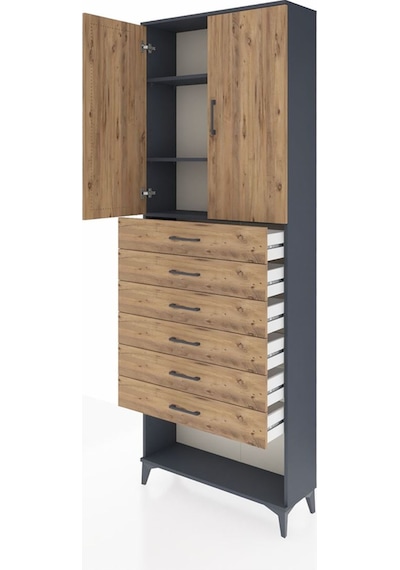 Arges Dolap 3 Raflı 6 Çekmeceli 2 Kapaklı 88x30x243 Antrasit-çam Antrasit