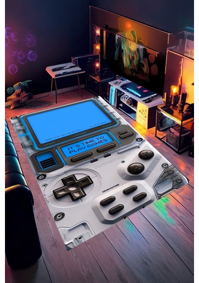 Mavi Retro Oyun Konsolu Tasarım Yıkanabilir Kaymaz Taban Halı Gnc12