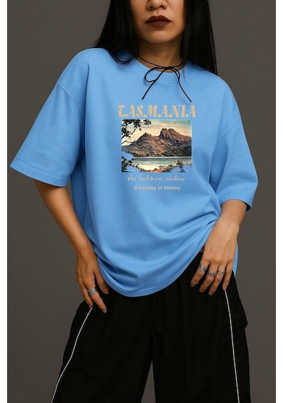 Tasmania Baskılı Unisex Oversize Tişört Bebe Mavisi