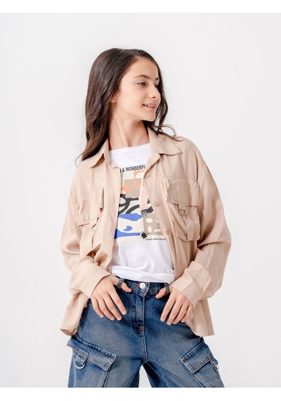 Giyicem Kız Çocuk D Tokalı Ceket T-shirt İkili Takım 1806 Bej