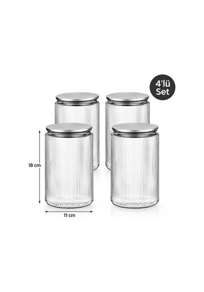 Tr S-2087 4'lü Çizgili Cam Kavanoz Seti 1500 Ml Metal Vakum Kapaklı Mutfak Kiler Erzak Ve Bakliyat Saklama Kabı Genel