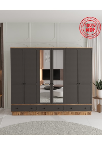 Irmak 6 Kapaklı Çekmeceli Bazalı Gardırop - Tamamı Mdf Antrasit