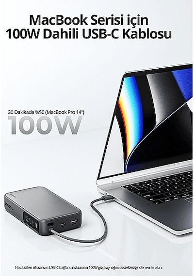 Aukey Pb-y48-gy 100w 20000 Mah Pd Dahili Type-c Kablolu Taşınabilir Şarj Cihazı Gri