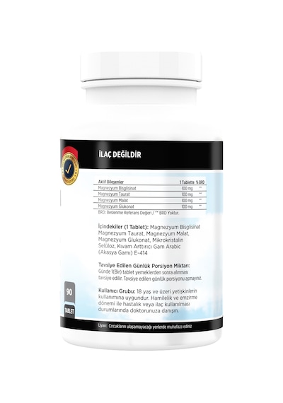 Magnezyum Elementleri Magnesium Bisglisinat Malat Taurat Glukonat 90 Tablet