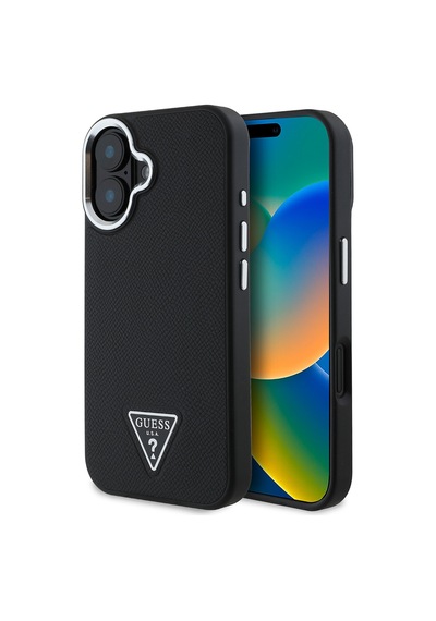 Apple Uyumlu iPhone 16 Plus Kılıf Guess Lisanslı Magsafe Şarj Özellikli Grained Triangle Kapak Siyah