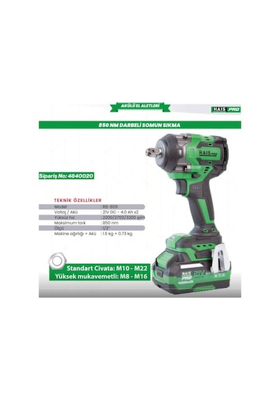 Akülü Somun Sık.darb.850nm 21v4.0ah Rb-809 Haispro
