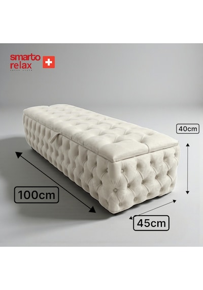 Smarto Relax Swiss Style Saas-fee Sandıklı Baby Face Puf, Kapitoneli Sandıklı, 100x45x45 Cm, Babyface Kaplama Dekoratif Puf Ekru