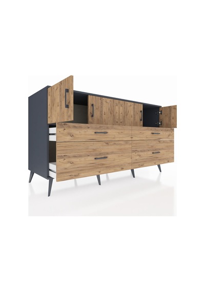 Kronos Konsol 2 Raflı 4 Çekmeceli 4 Kapaklı 176x59x99 Antrasit-ça Antrasit-çam