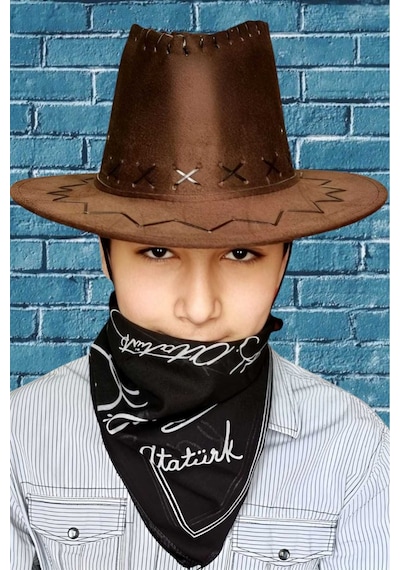 Uniquetrenders Çocuk Unisex Bandanalı Nubuk Kovboy Şapkası 8-14 Yaş Kahverengi 6