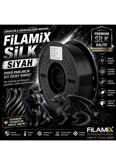 Filamix Silk Siyah Filament 1.75mm 1kg İpeksi Parlak Görünüm