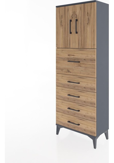 Arges Dolap 2 Raflı 5 Çekmeceli 2 Kapaklı 60x30x163 Antrasit-çam Antrasit