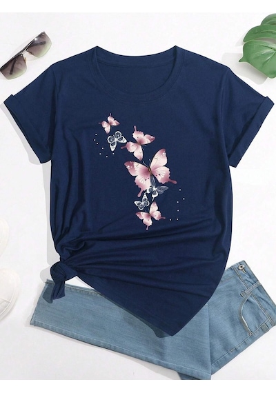 Flood Of Style Kadın Lacivert Uçuşan Kelebekler Baskılı Oversize T-shirt