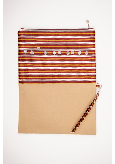 Fabric Craft Bag Katlanabilir Portföy Çanta Etnik Desenli, İçi Astarlı, Bilek Askılı 34x43 Cm Açık Kahverengi