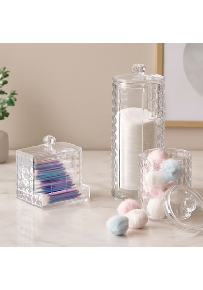3'lü Mika Kristal Plastik Organizer Seti - Kulak Pamukluk, Makyaj Pamuğu, Mendillik 10 Parça