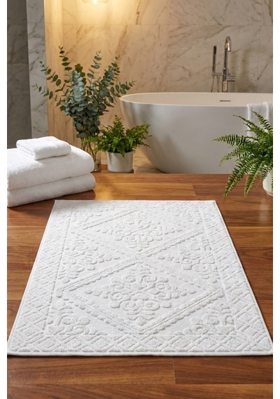 Buççin Online Mağaza 2'li Jakarlı Banyo Ayak Havlusu Seti - Premium Pamuklu Beyaz Banyo Paspası %100 Pamuk Beyaz Çok Renkli