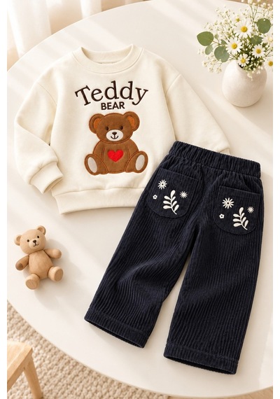 Fesshera Erkek Çocuk Takım Uzun Kollu Sweatshirt Ve Fitilli Kadife Pantolon Set Siyah
