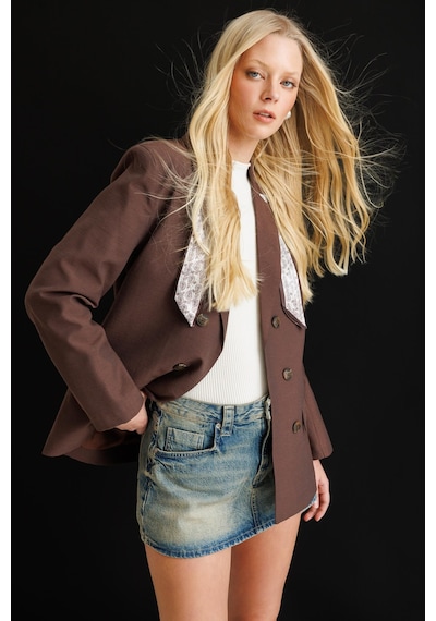 Mixray 4809 Kadın Fular Detaylı Keten Blazer Ceket Kahve