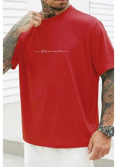 Erkek Dreamer Baskılı Oversize Tshirt Kırmızı