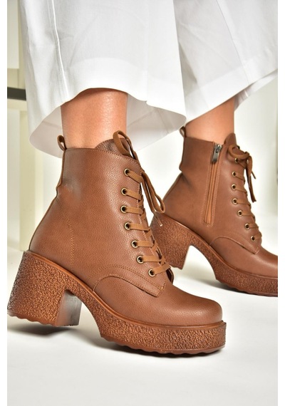 Fox Shoes T996533009 Taba Kalın Topuklu Kadın Bot Taba-Suni Deri Taba
