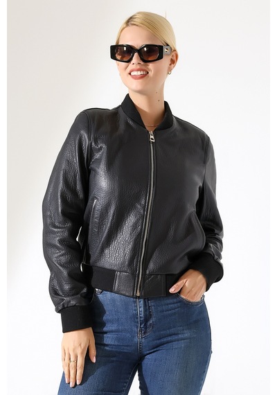 M M Marki Marki Kadın Hakiki Deri Ceket, Siyah, Pilot Model, 54 Cm, Fermuarlı, Kısa