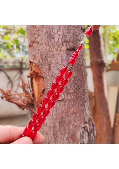 8x11 Mm Gümüş Püsküllü Kırmızı Zar Kehribar Tesbih - Serkan Başkan Usta İşçilikli Kırmızı