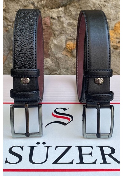 Süzer Deri 2'li Set X 3 Cm Klasik Suni Deri Erkek Çocuk Kemeri Siyah Siyah