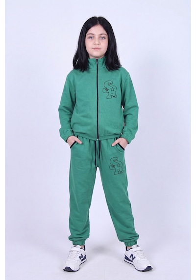 Fyk Kids Kız Çocuk Sr Baskılı Dik Yaka Çift Cepli Fermuarlı Eşofman Takımı Yeşil