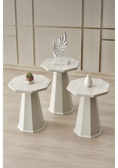 Elegance 3'lü Sehpa,yan Sehpa,zigon Sehpa - Kumtaşı Açık Bej & Traverten Desenli Tabla Kumtaşı Açık Bej Gövde & Traverten Desenli Tabla