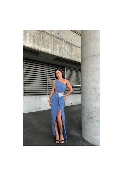 DefyModa Kadın Sandy Kumaş Tek Omuz Balık Kesim Abiye Elbise İndigo